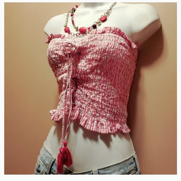 Red White Stripe Festival Corsett Crop Top L - Picture 4 of 5